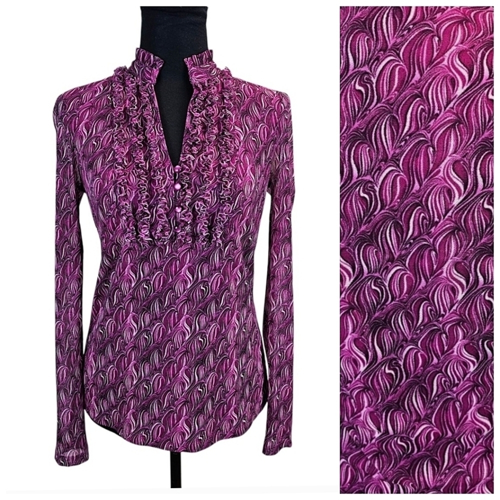 INC Women Ruffle Mock Neck Blouse M Magenta Y2K Indie Sleeze Retro Glam Eclectic